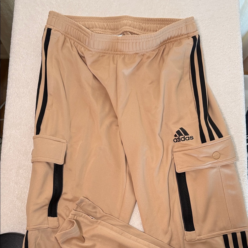Adidas Beige Cargo Joggers with Black Stripes